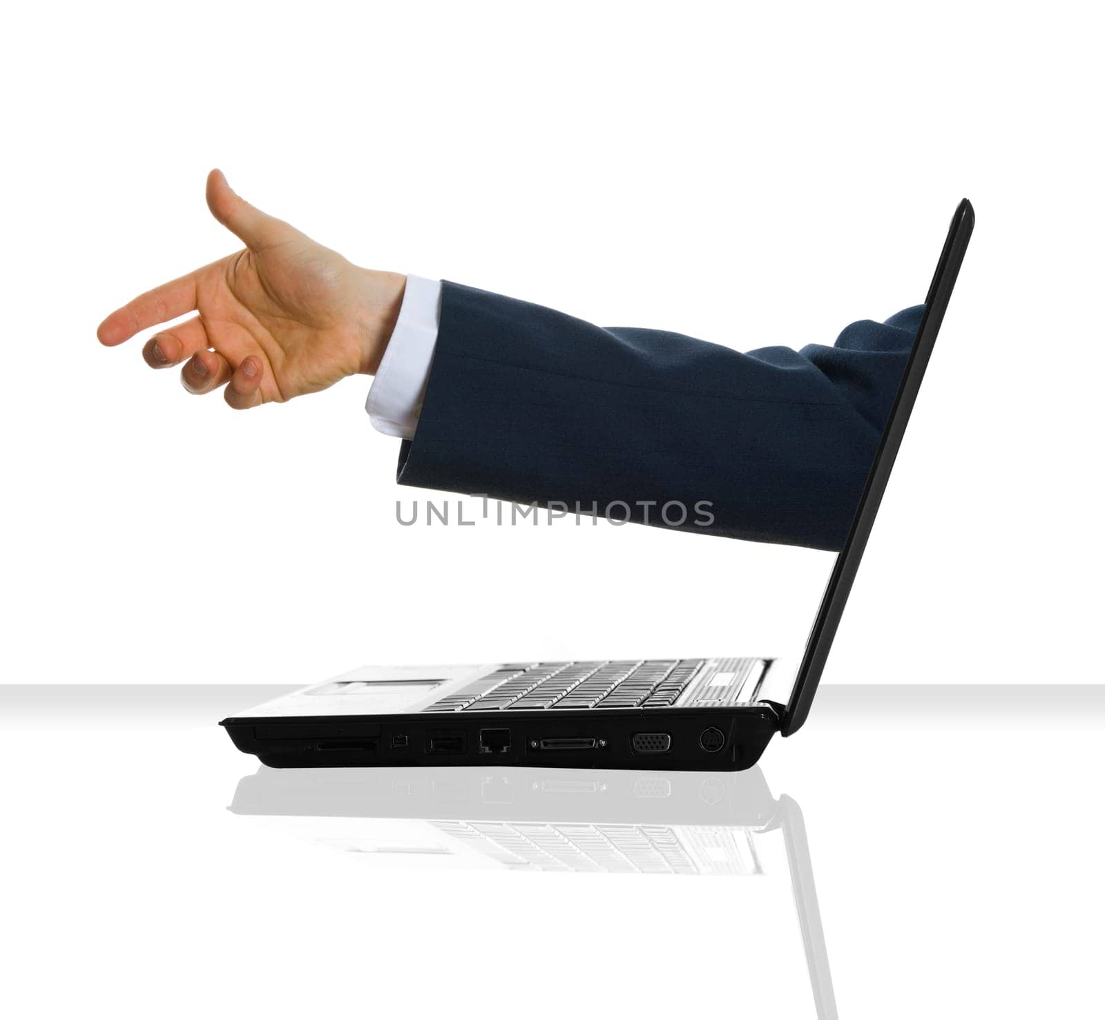 a hand giving his hand from a laptop