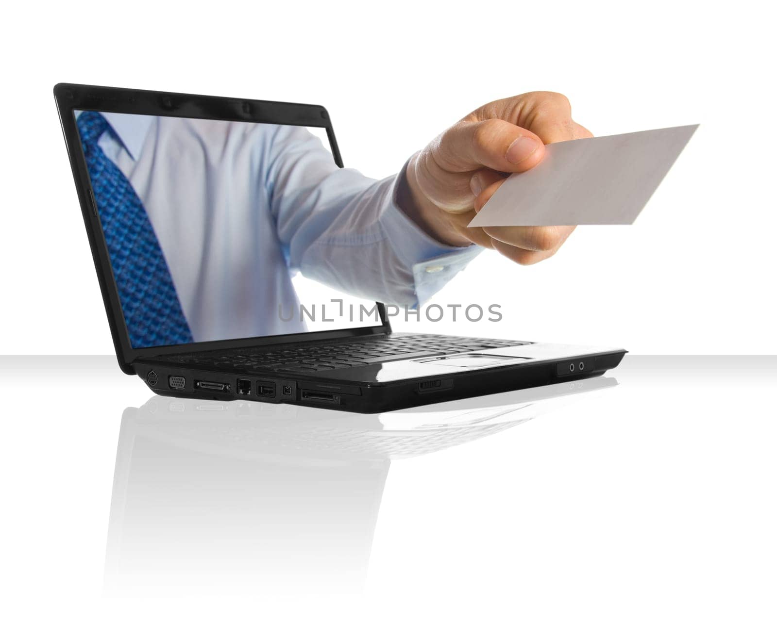 a hand sticking through a laptop giving a card