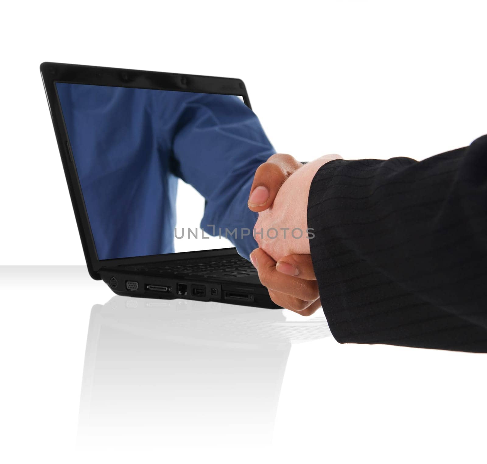 a black laptop computer with a virtual hand shake