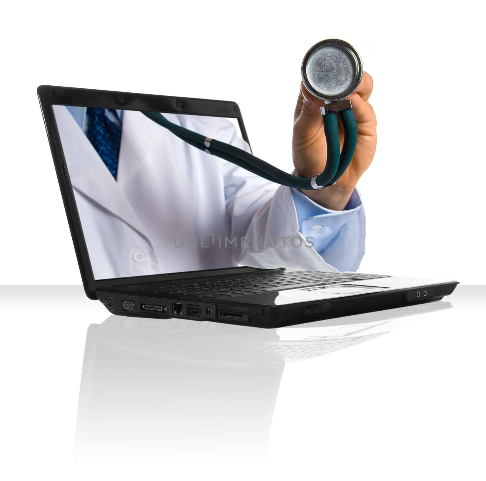 A doctor's hand sticking out of a laptop