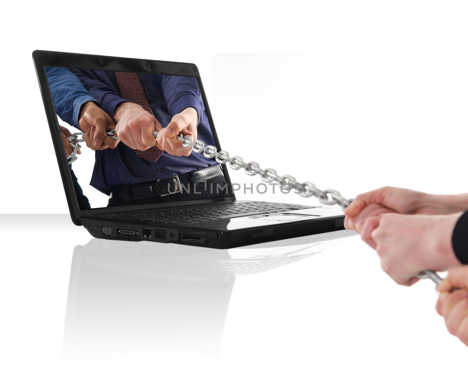 a black laptop computer with a tug of war