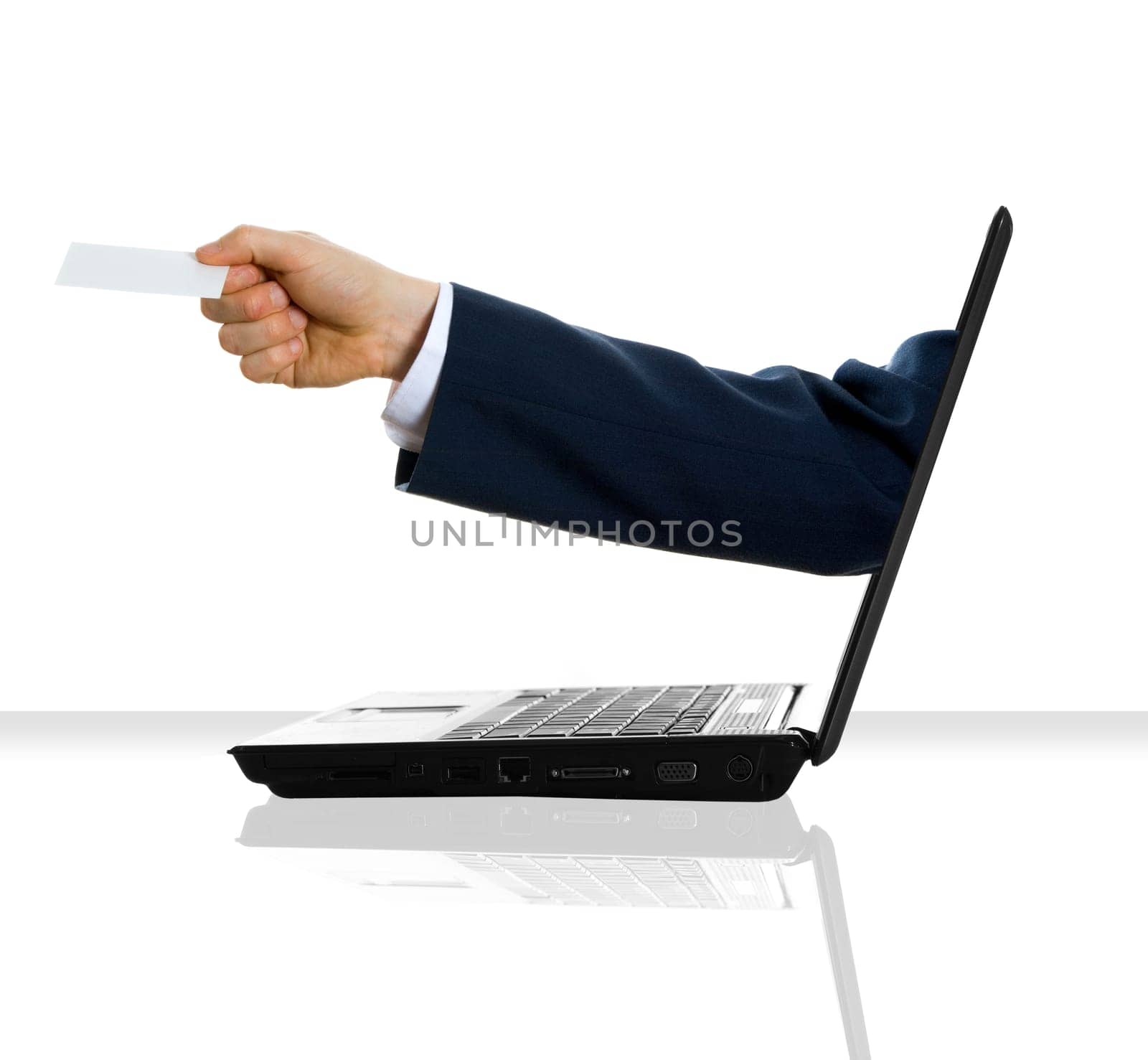 a hand giving his card from a laptop