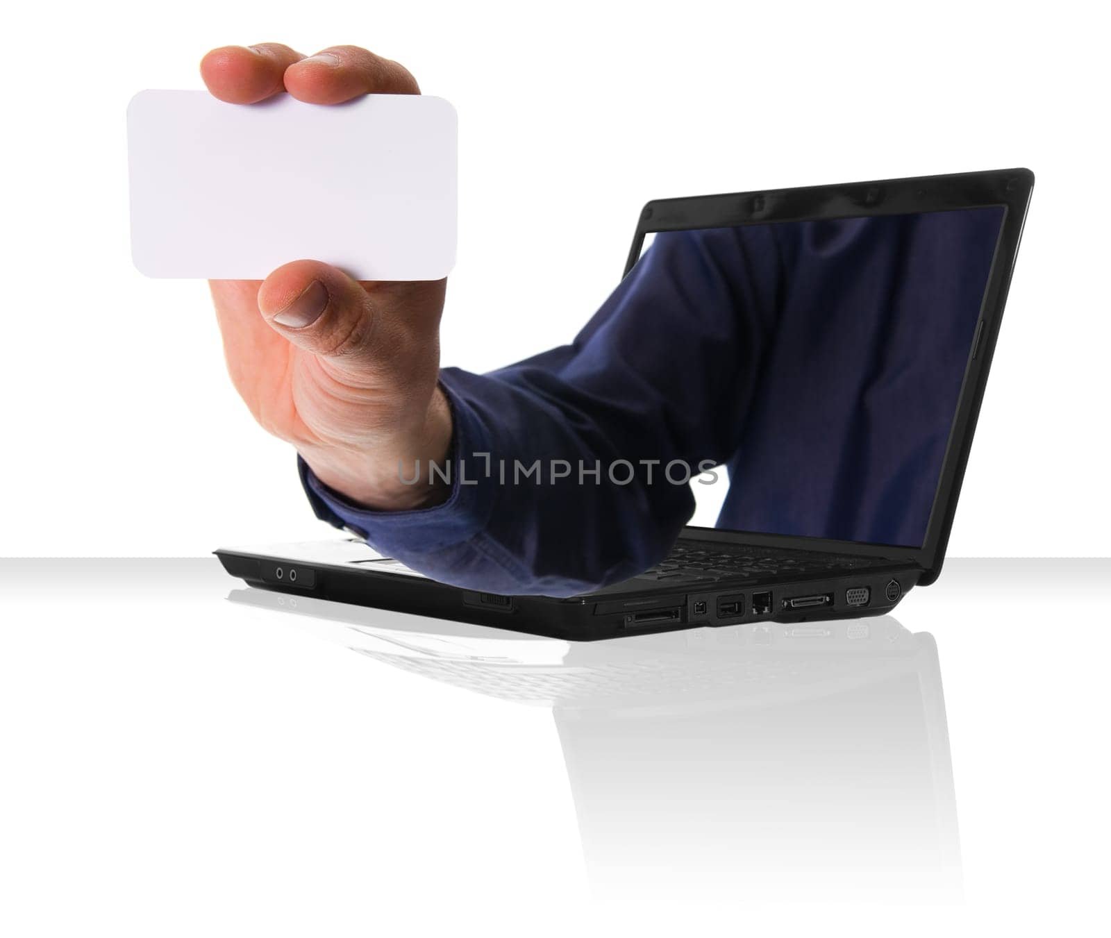 a black laptop computer with a hand and card