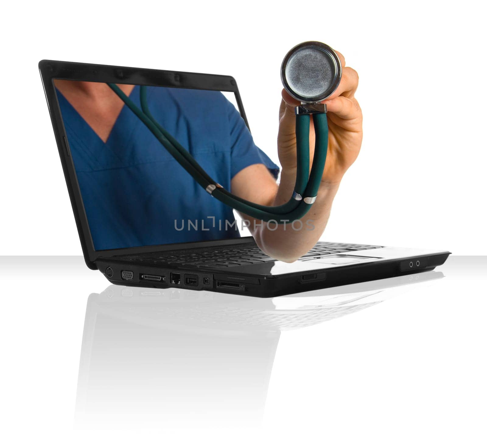 A doctor's hand sticking out of a laptop