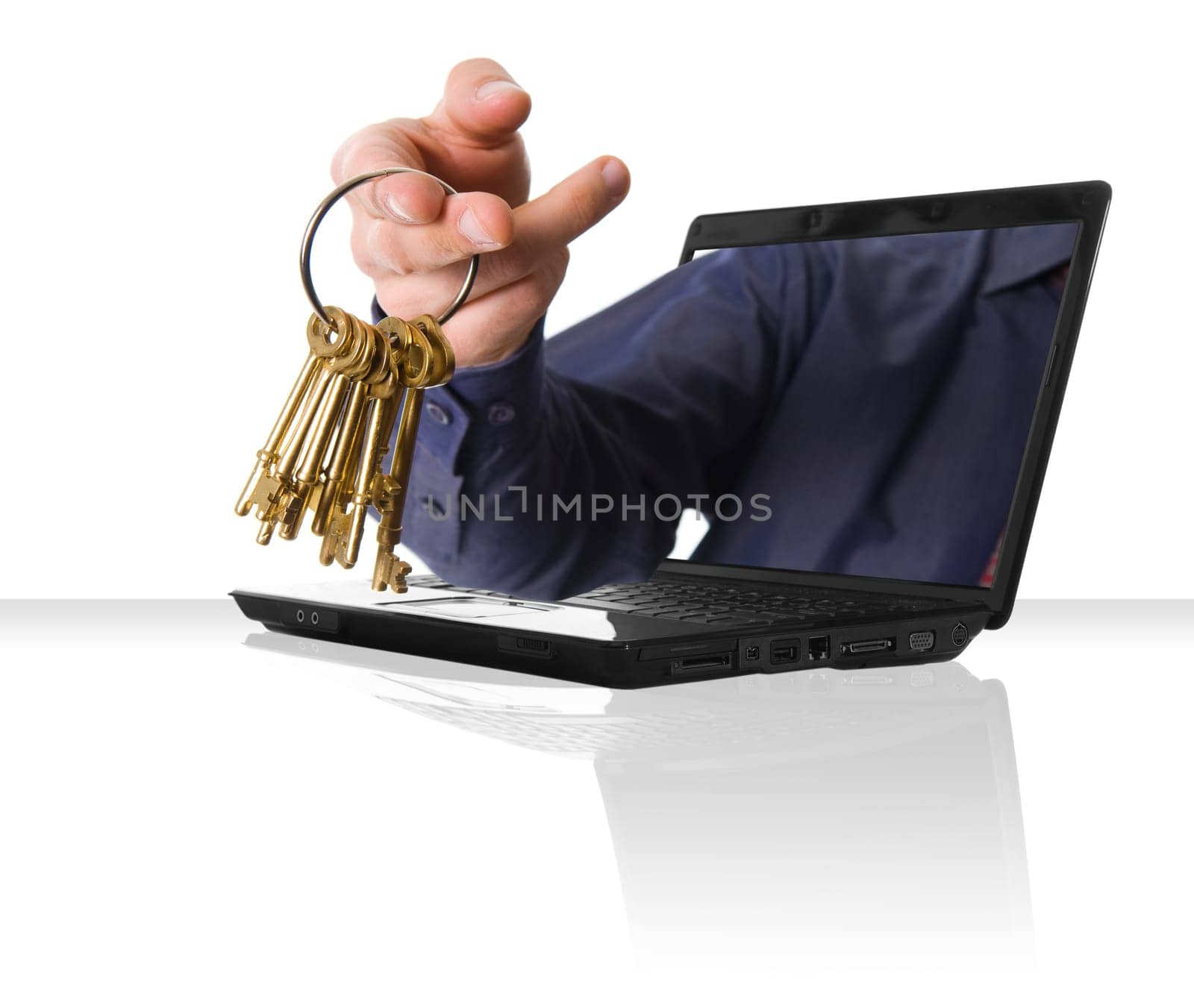a black laptop computer with a hand and some gold keys