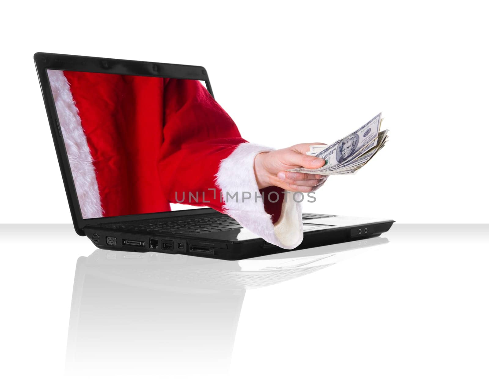 a black laptop computer with santa giving away some money