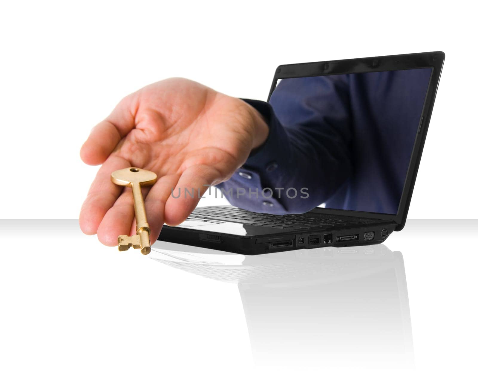 a black laptop computer with a hand and gold key
