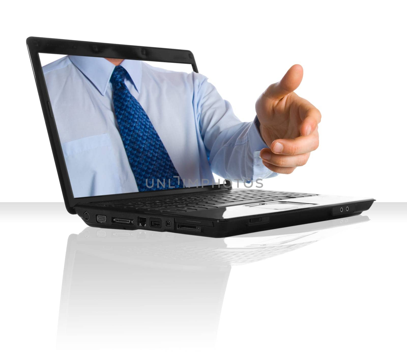 A hand sticking out of a laptop