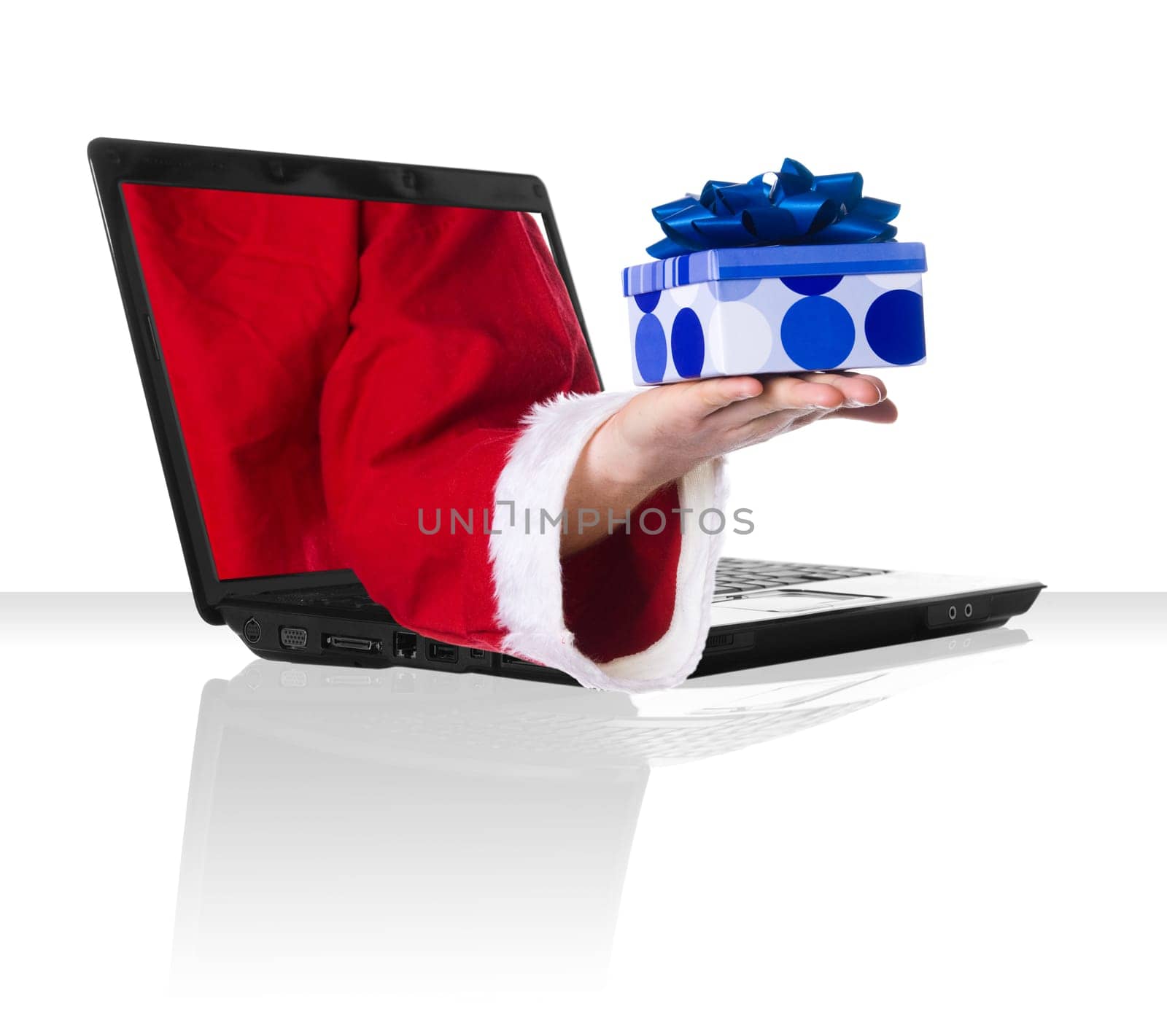 a black laptop computer with santa clause and gift
