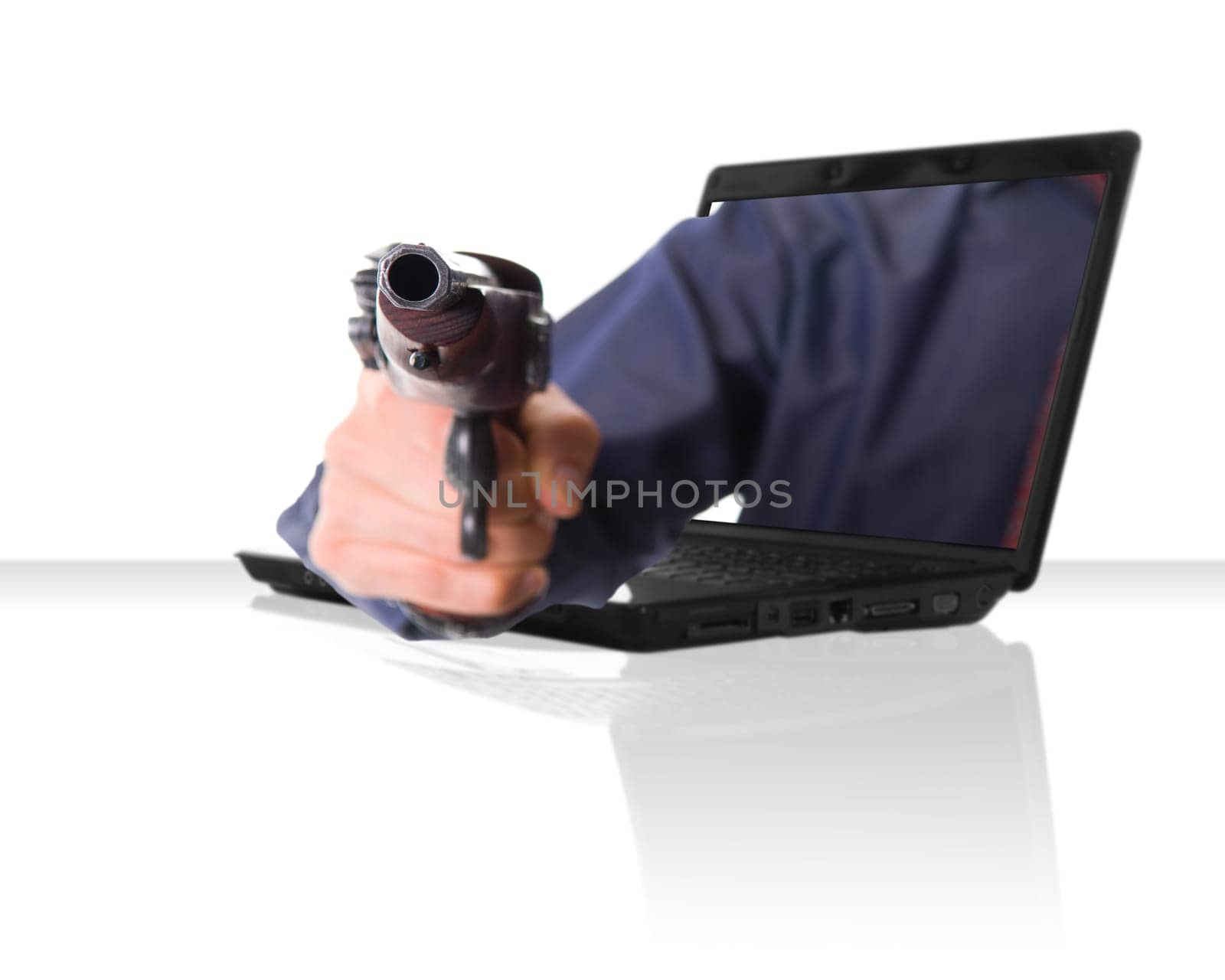 a black laptop computer with a hand and gun