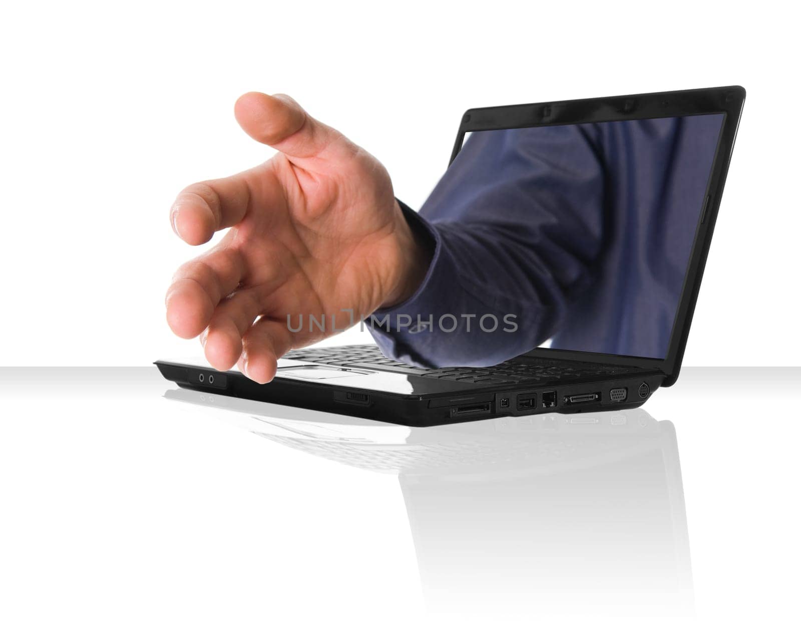 a black laptop computer with a hand shake