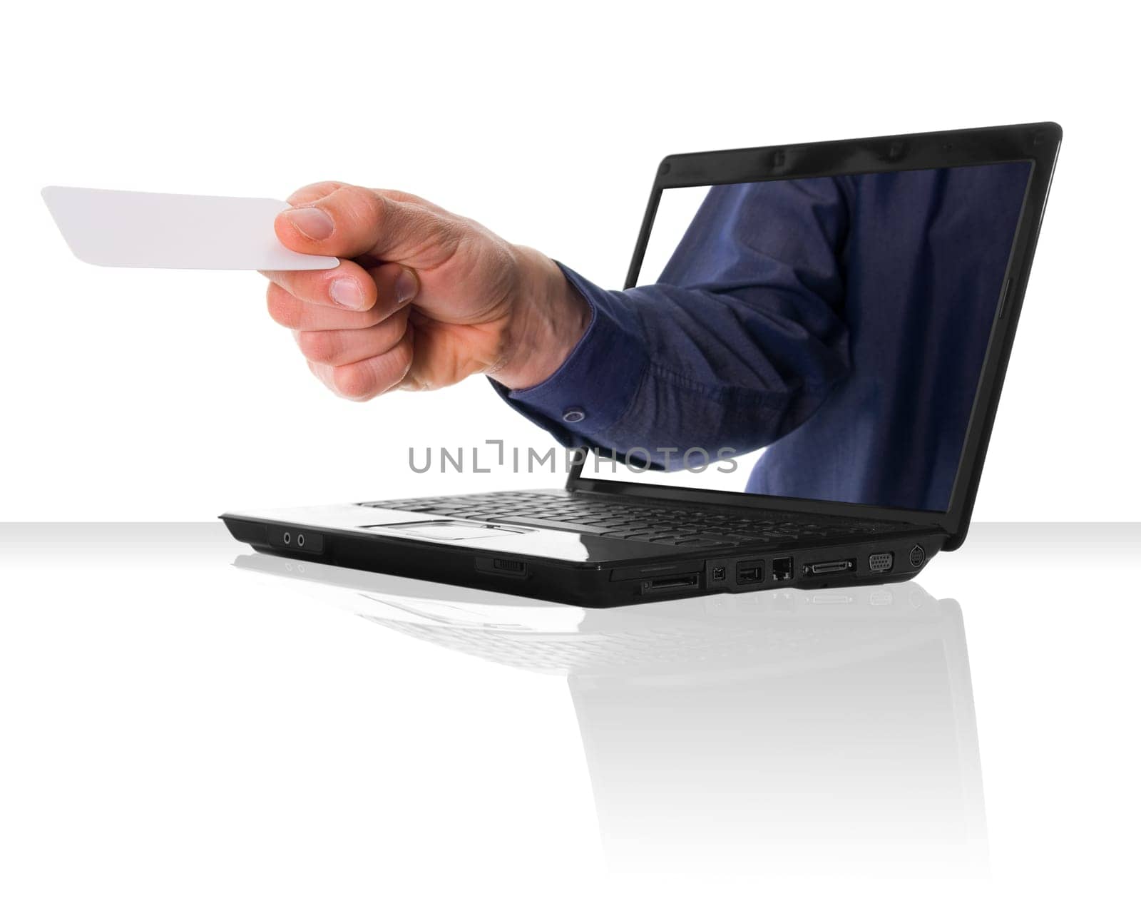 a black laptop computer with a hand and card