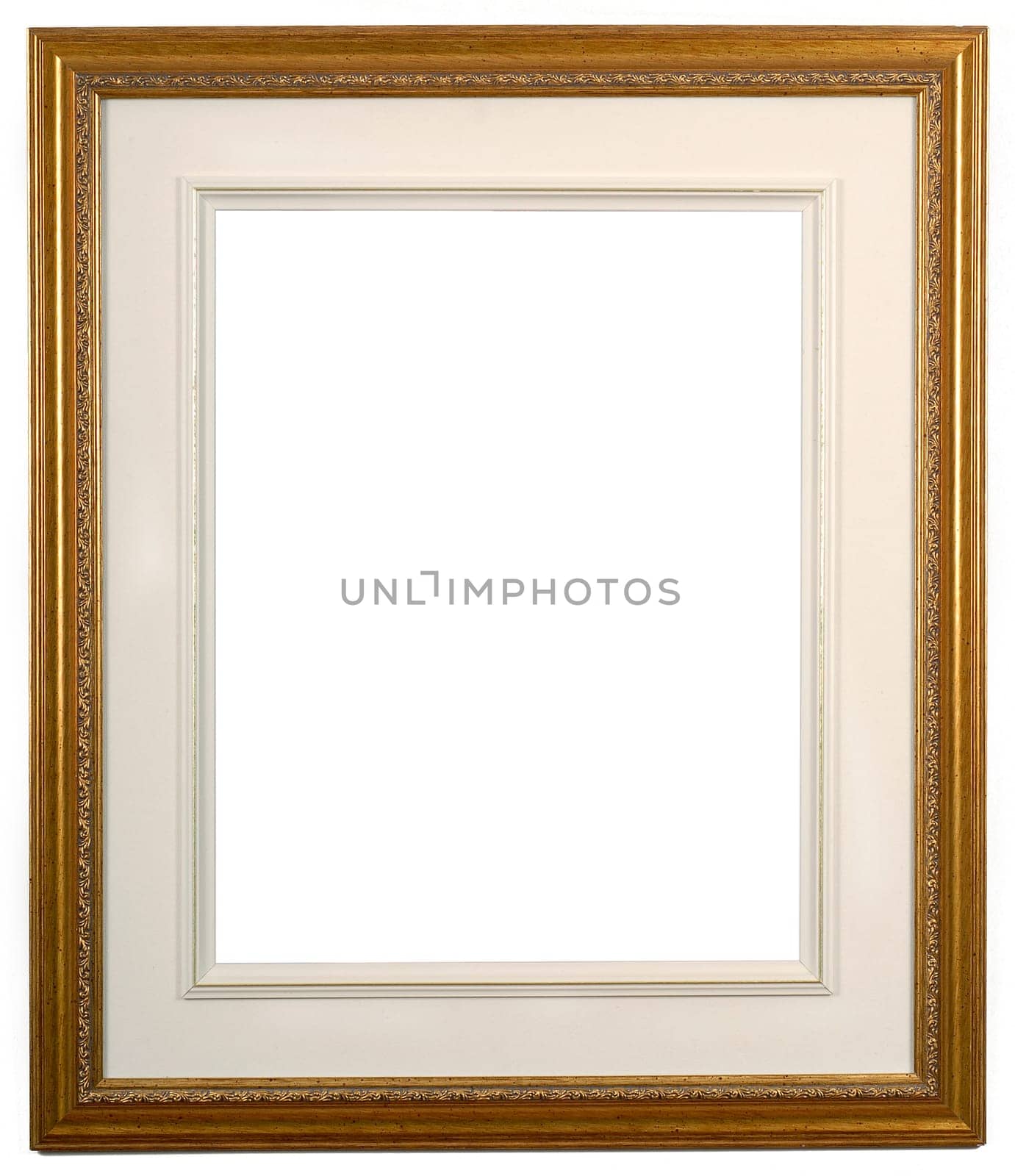 isolated picture frame of wood and gold with matte