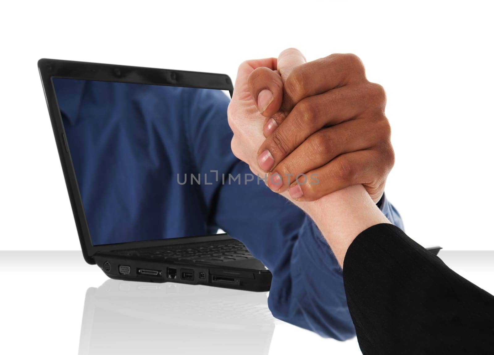 a black laptop computer with a upper hand shake