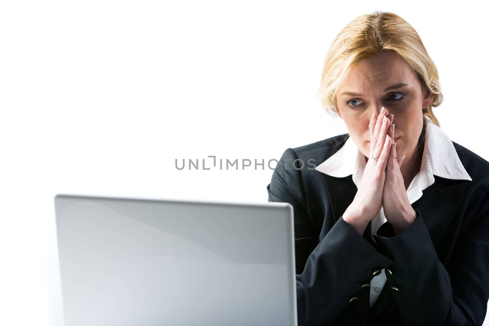 Photo of frustrated businesswoman looking at laptop display and thinking at work