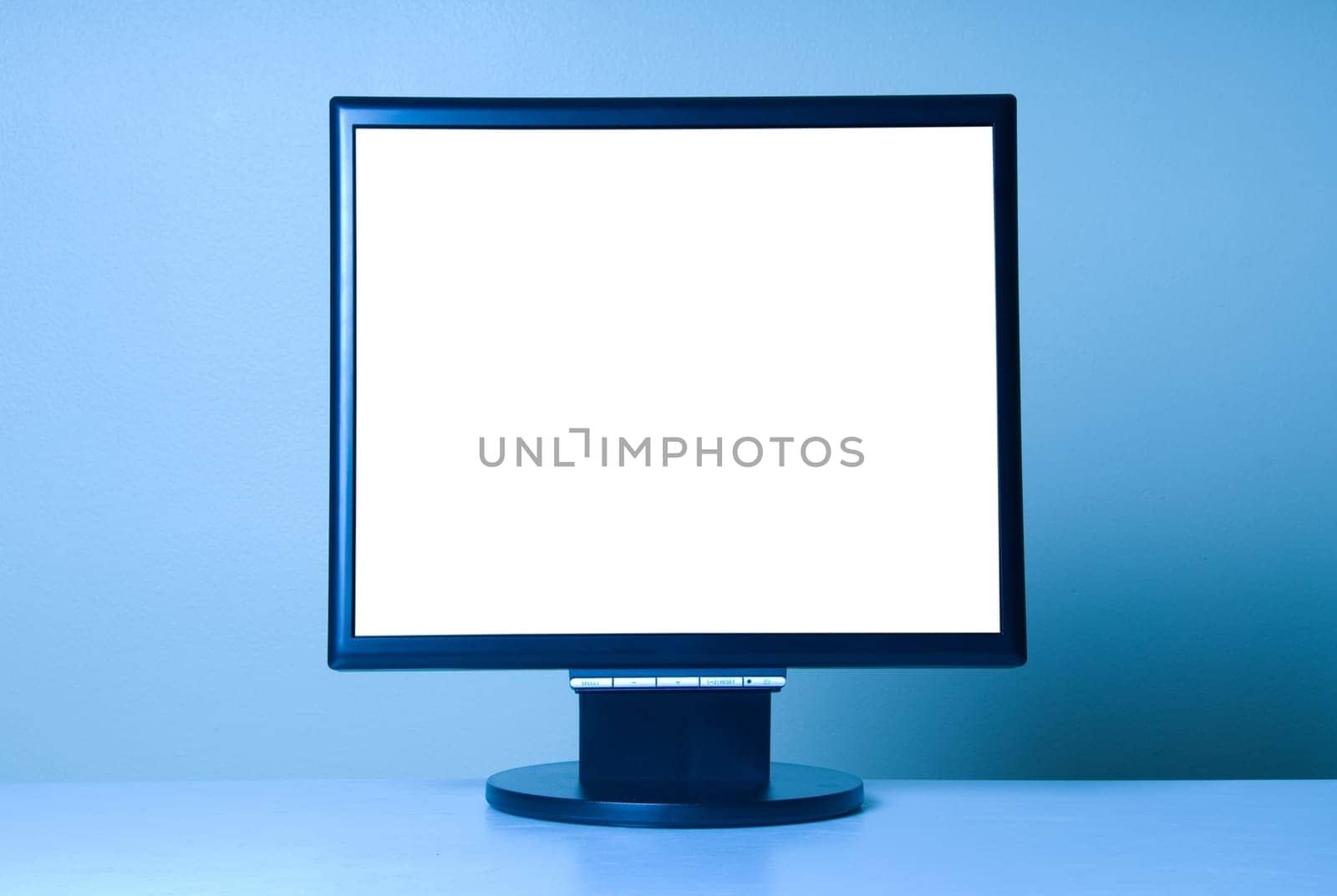 stand alone computer screen on blue