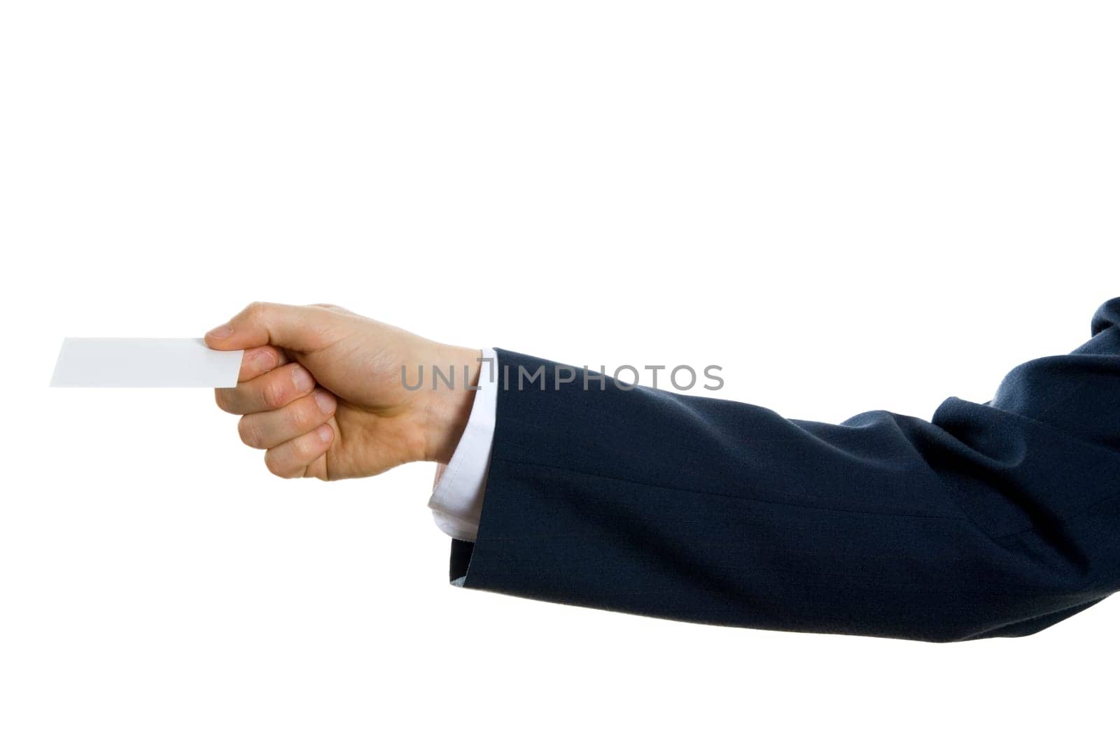 Arm with blank card held by hand in blue suit