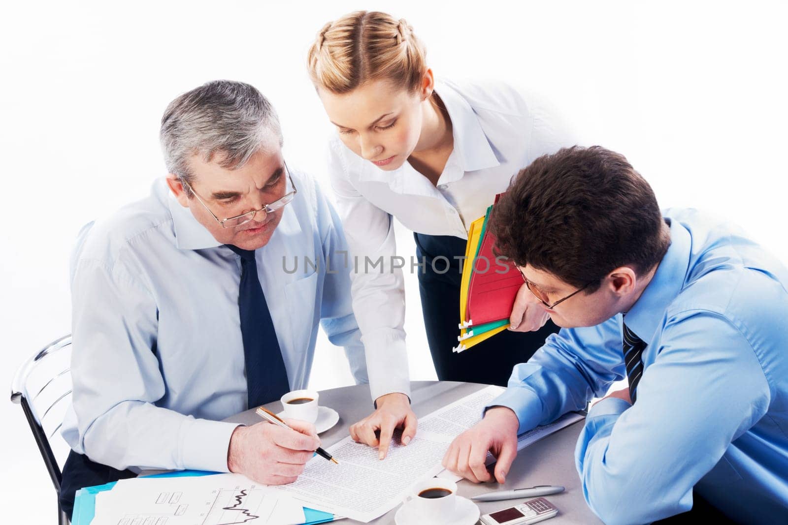 Portrait of secretary showing document her boss with man near by