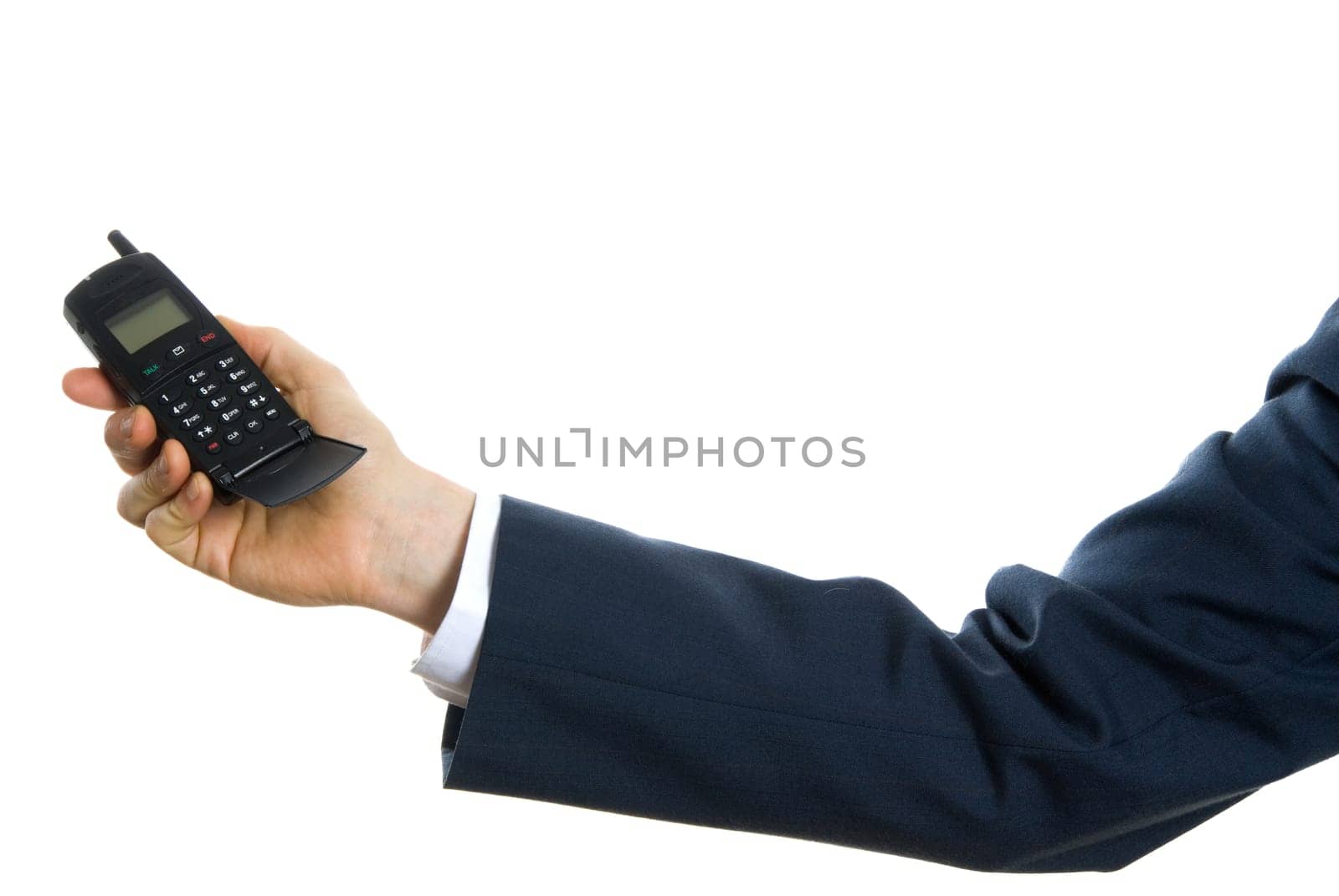 arm of man in blue suit holding a phone