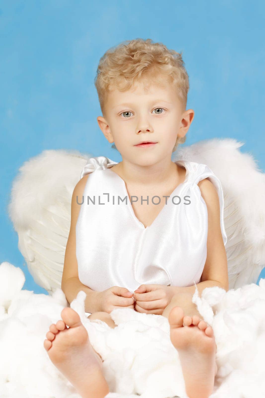 Portrait of little boy in angelic costume on a blue background