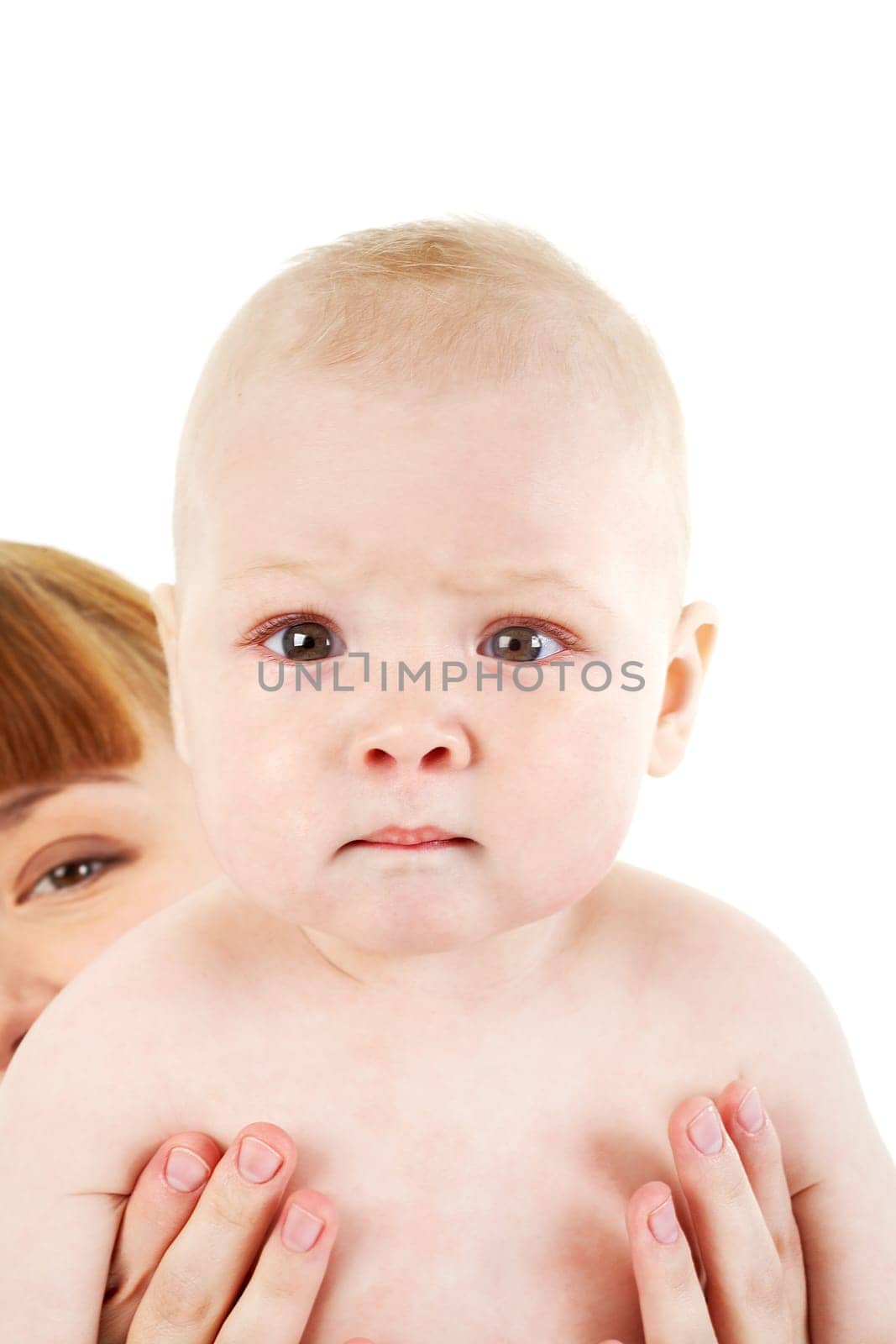 Image of little baby held by his mother on white background