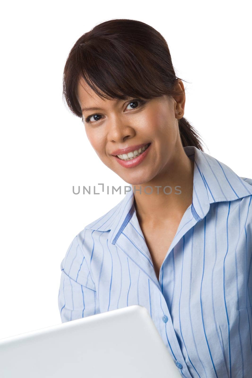 Pretty female looking at camera over white background