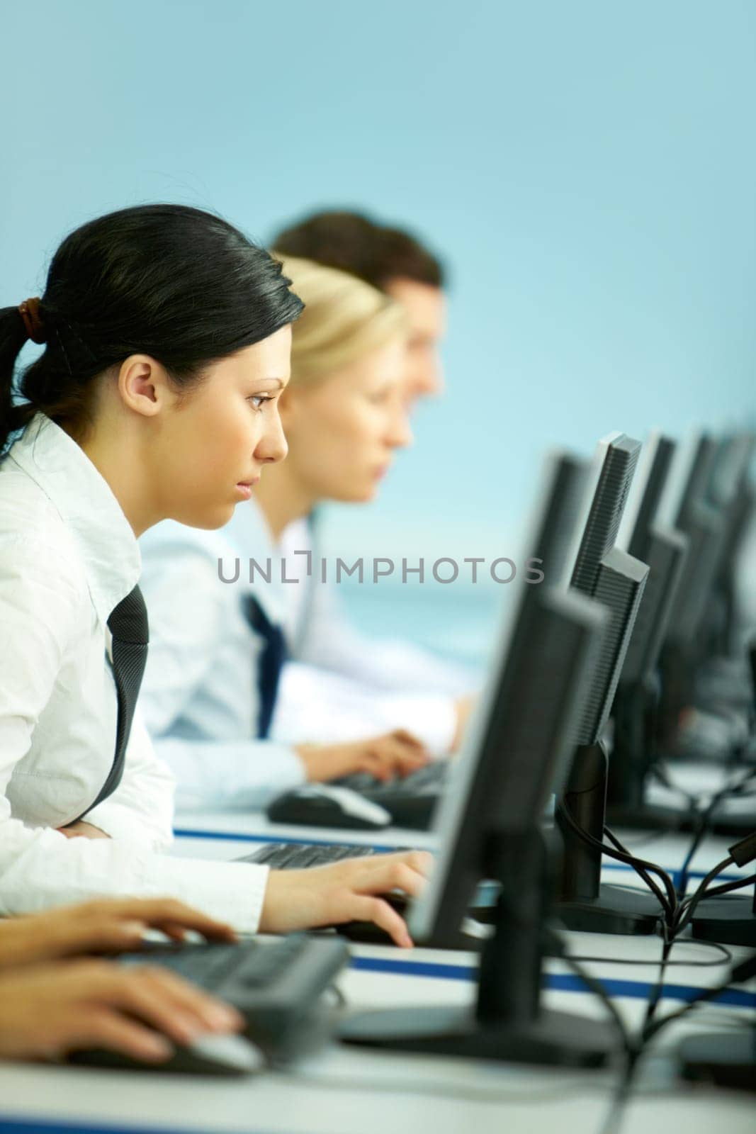 Row of businesspeople concentrating on their computer work