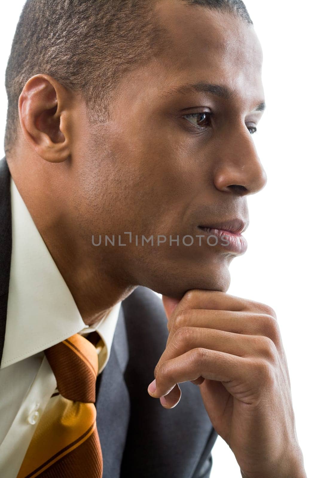 Thinking specialist touching his chin over white background