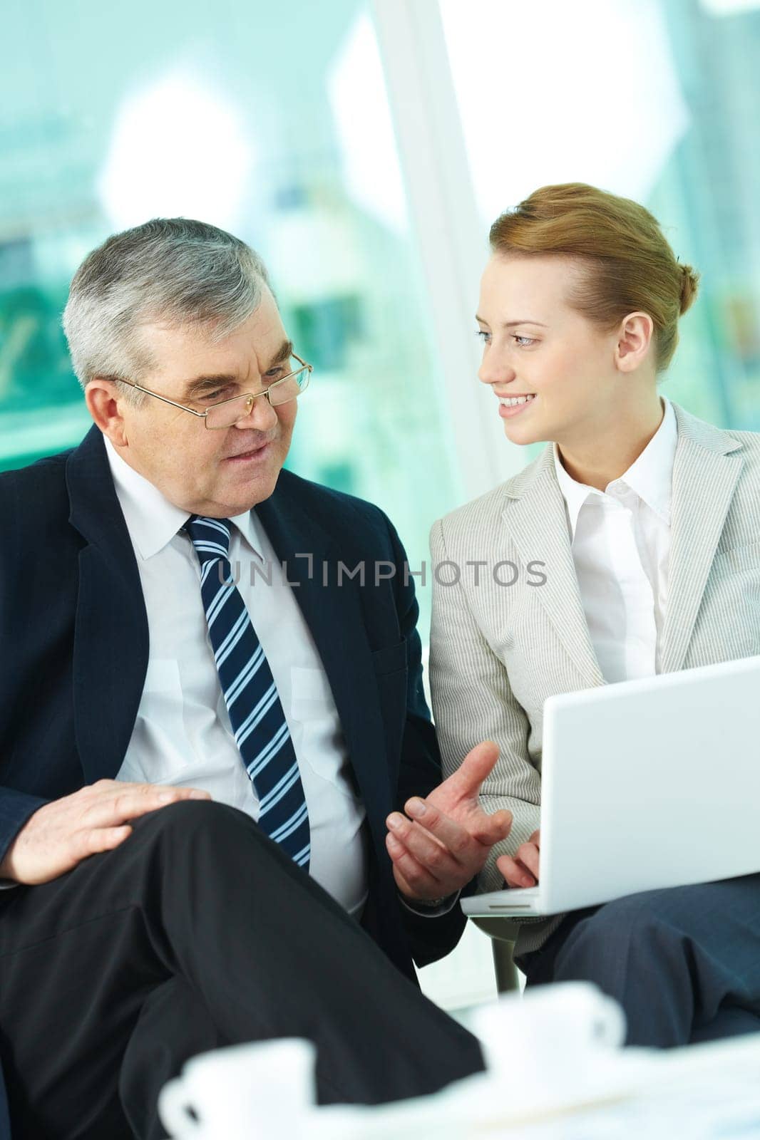 Portrait of boss and employee working with laptop in office