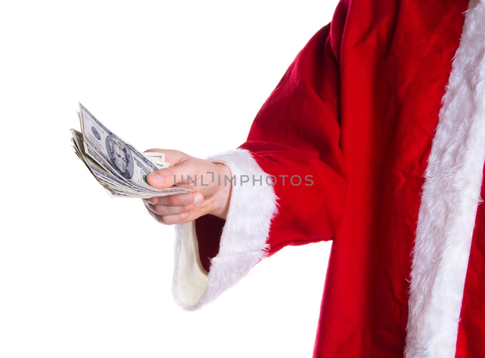Santa clause giving away some money on white