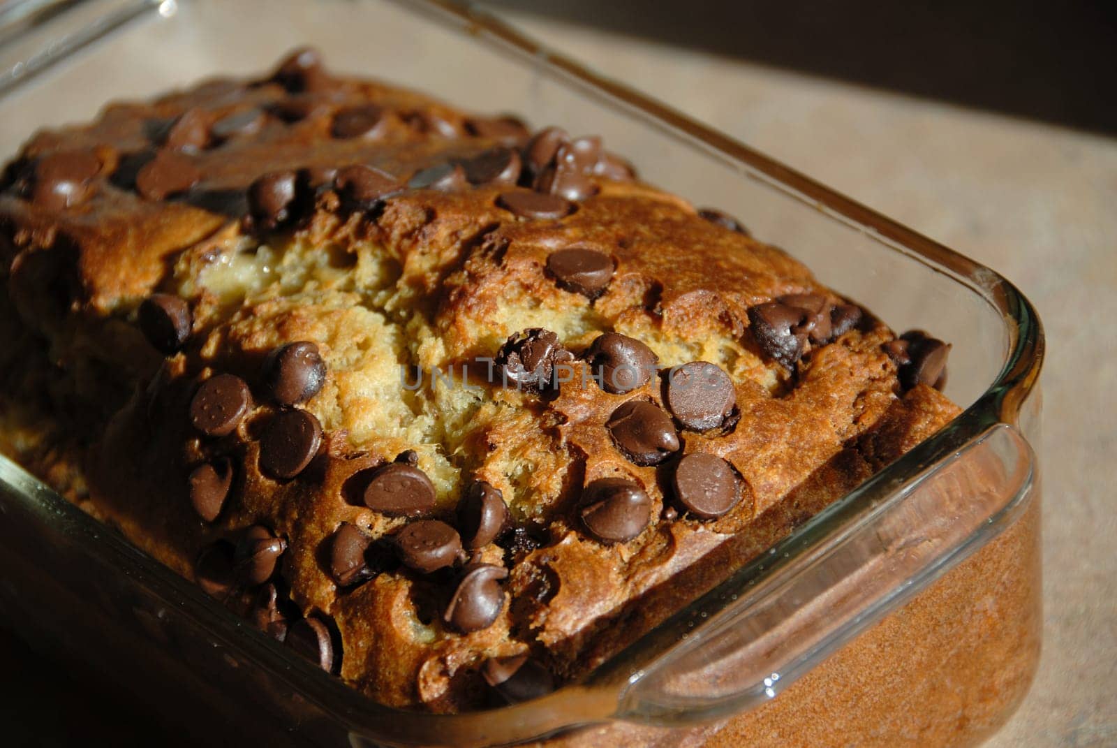 macro of a nice banana bread cake on the counter