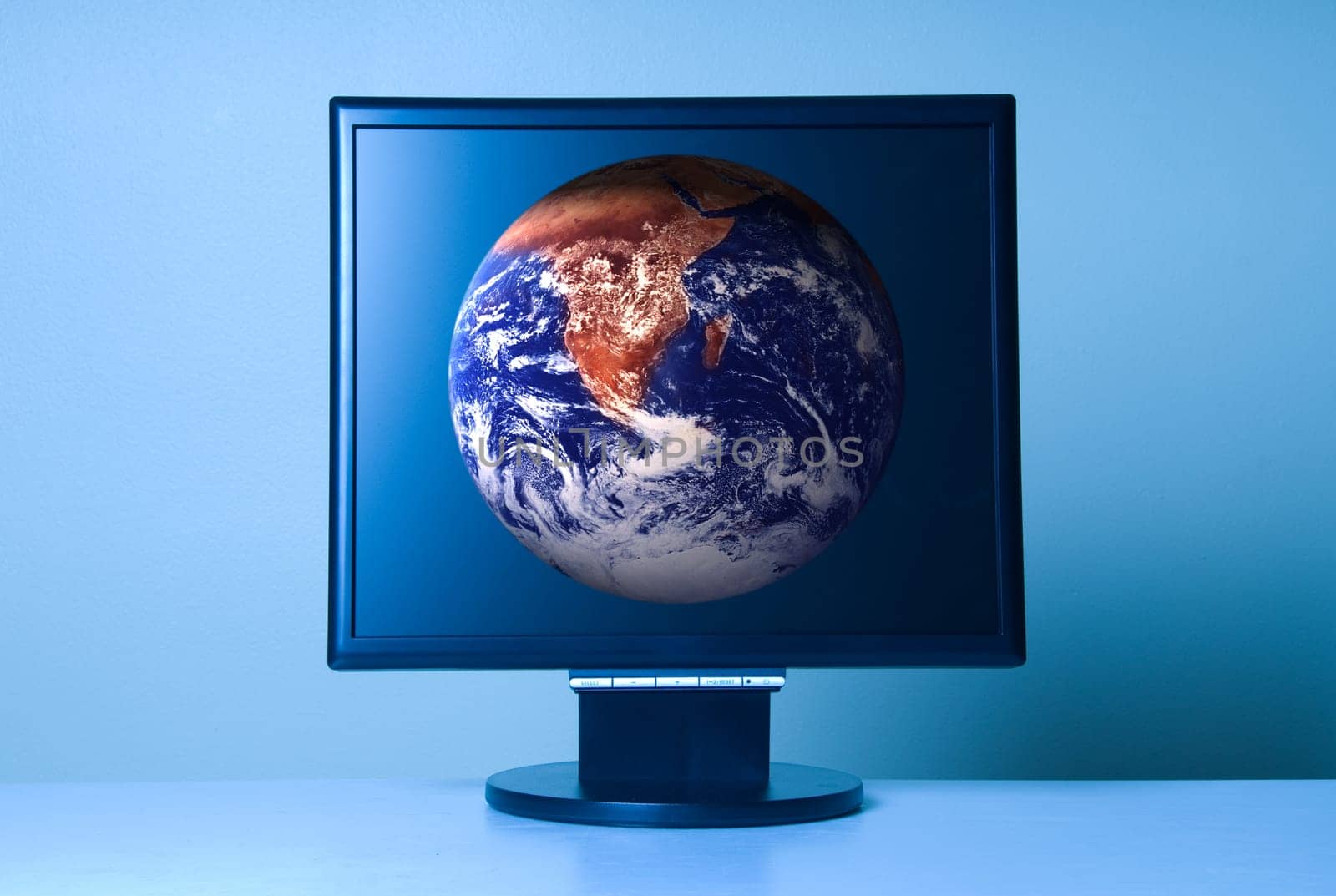 stand alone computer screen on blue