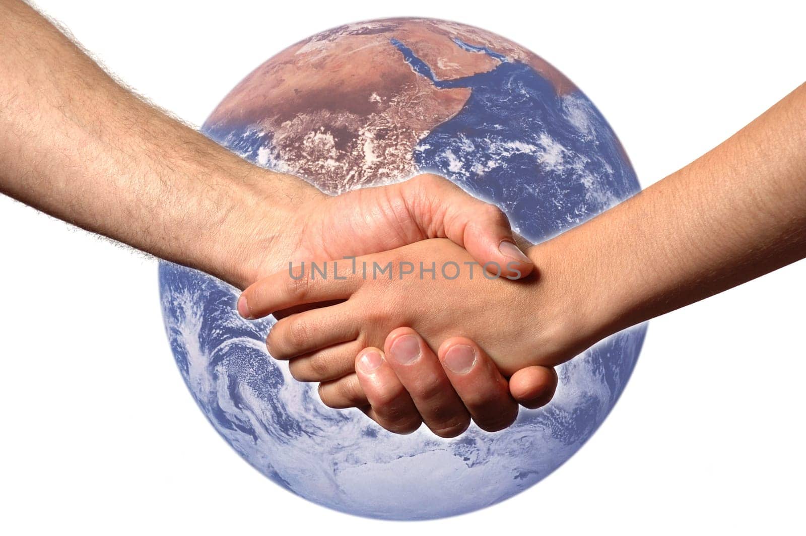 shaking hands with planet earth in background