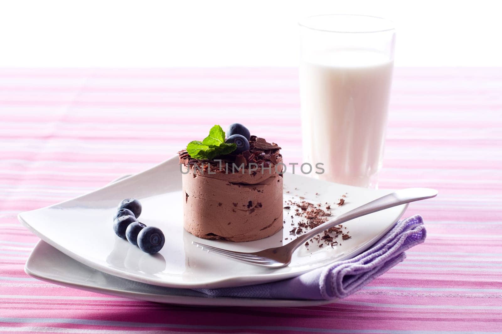 Chocolate Moose dessert on a white plate with milk
