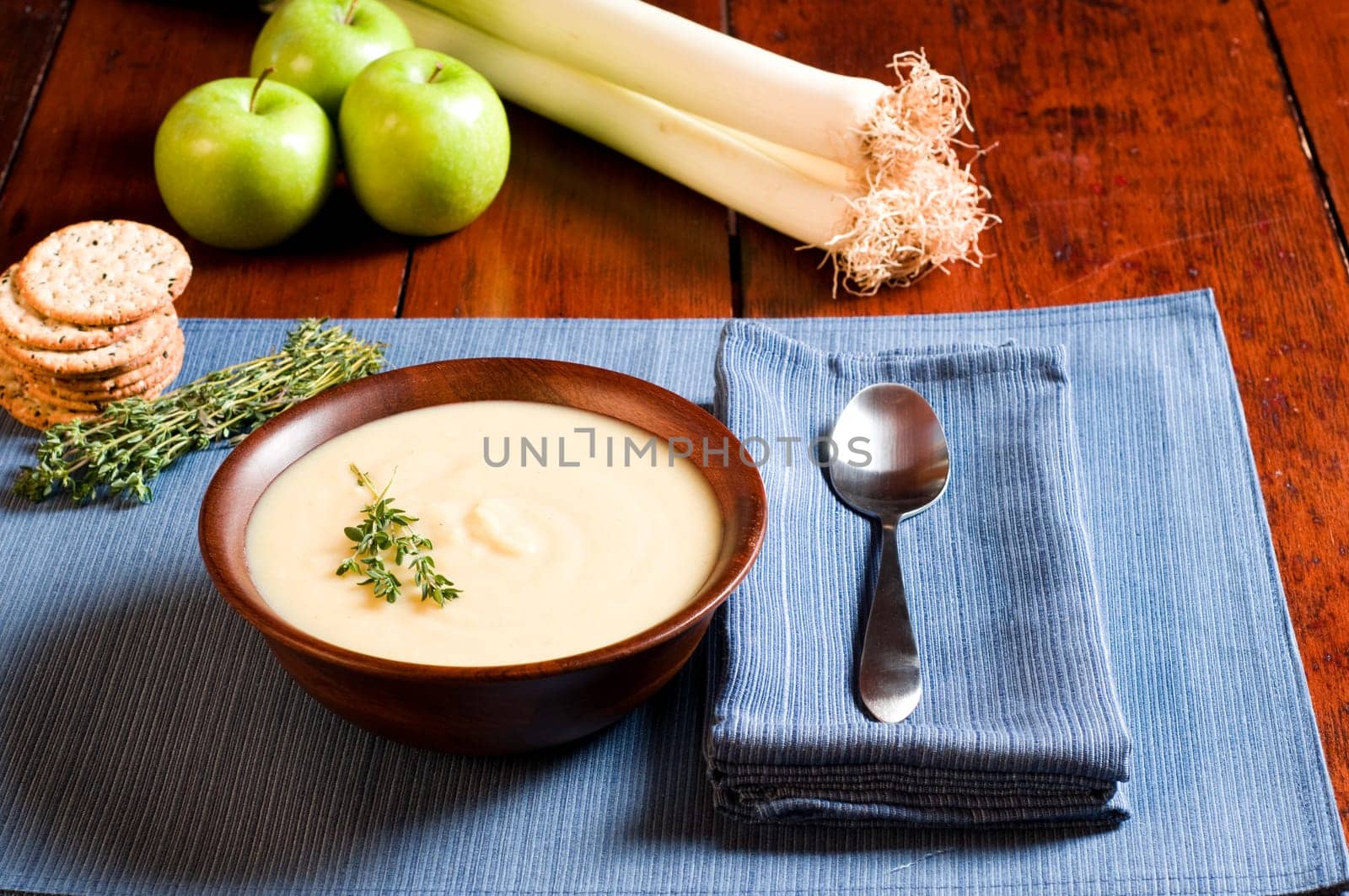 Apple and Leek Soup on a rustic table