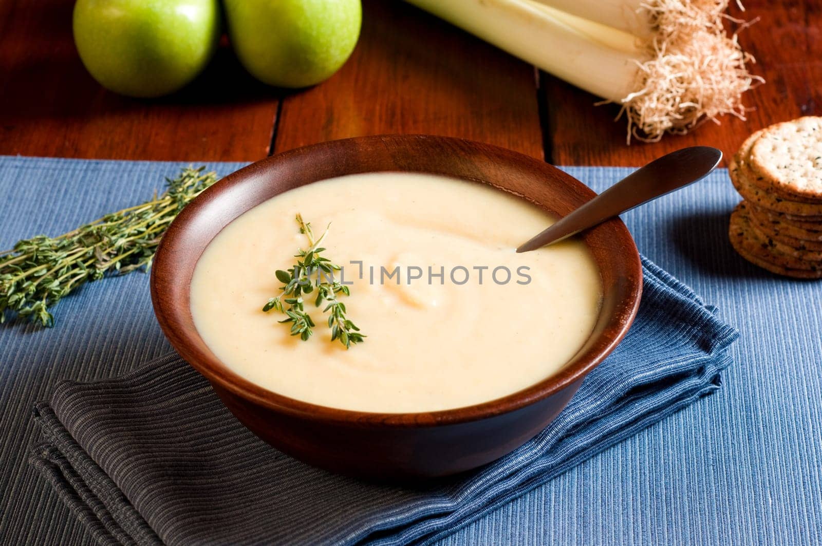 Apple and Leek Soup on a rustic table