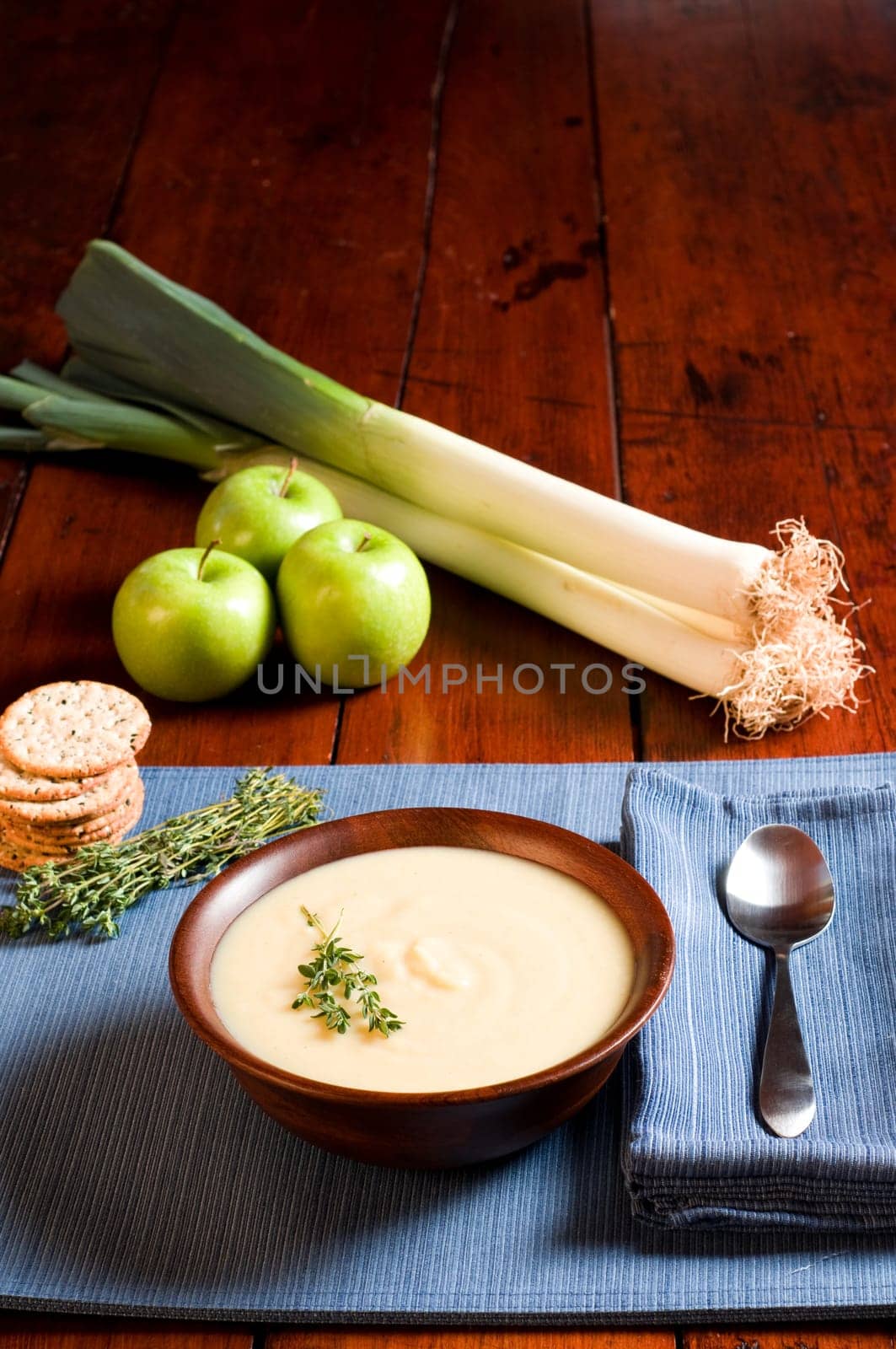 Apple and Leek Soup on a rustic table