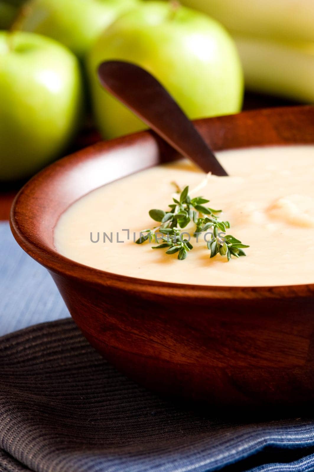Apple and Leek Soup on a rustic table