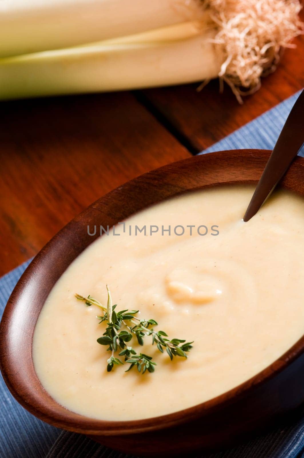 Apple and Leek Soup on a rustic table