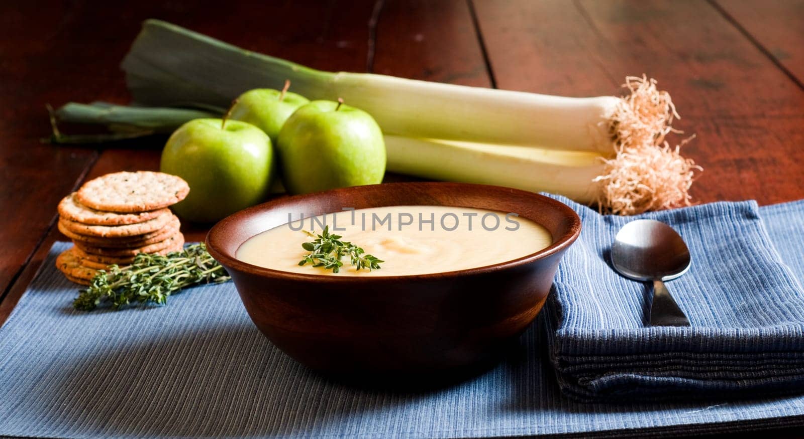 Apple and Leek Soup on a rustic table