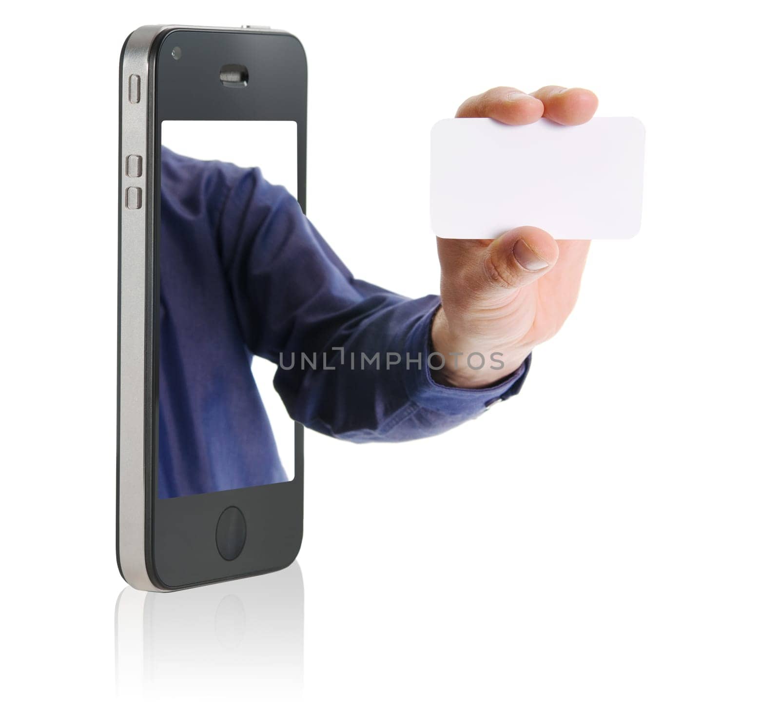 business man in a mobile phone giving a blank business card