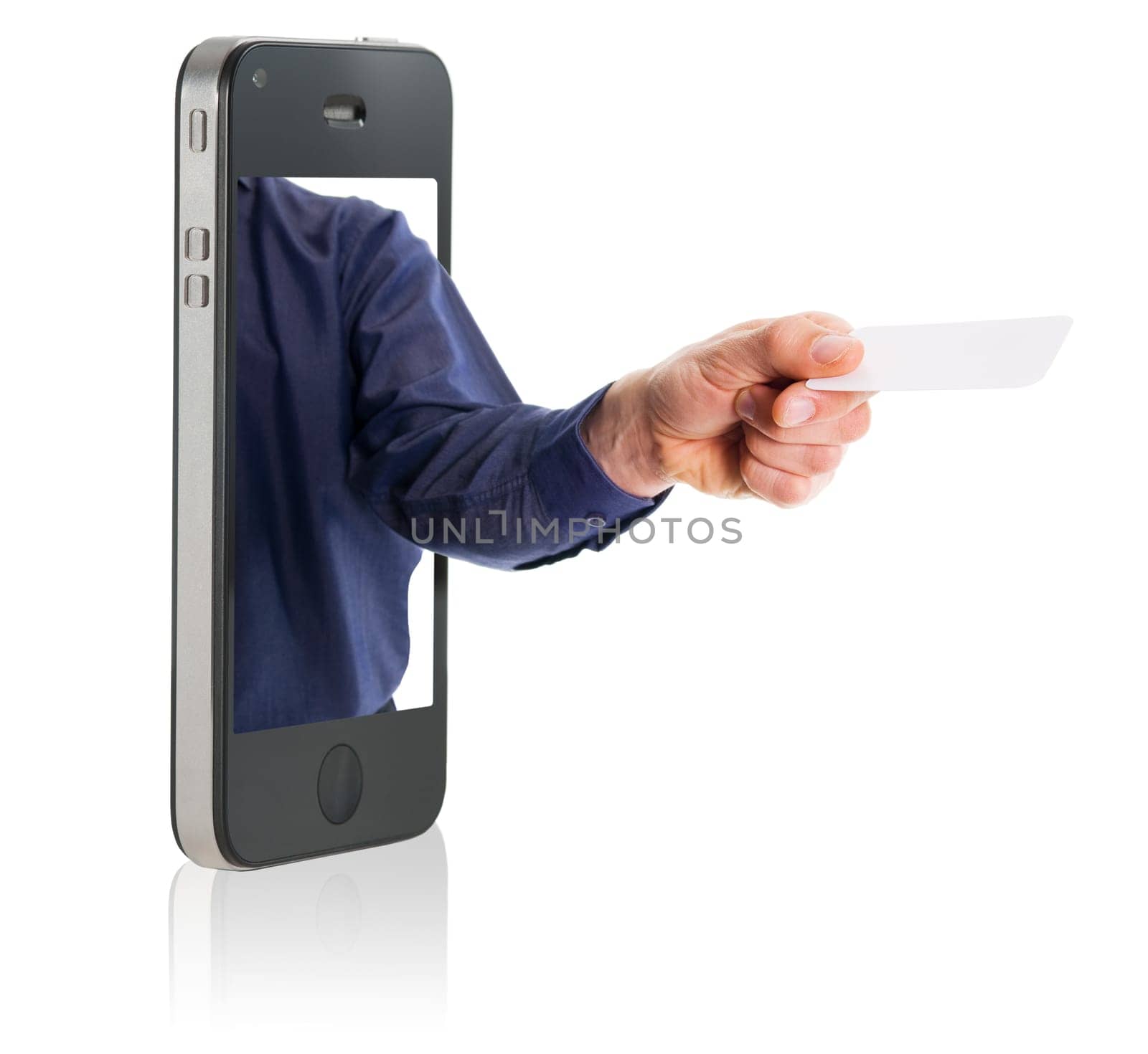 business man in a mobile phone giving a blank business card