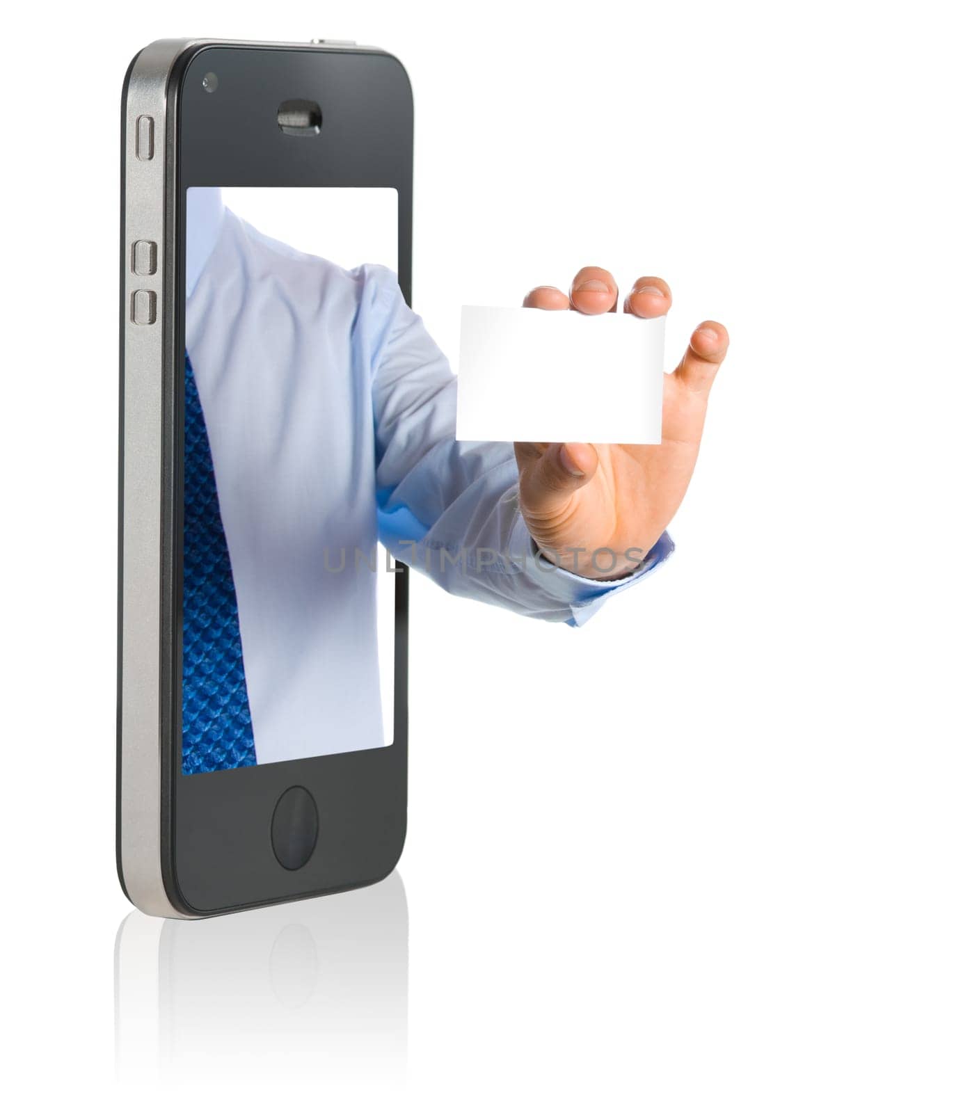 business man in a mobile phone giving a blank business card