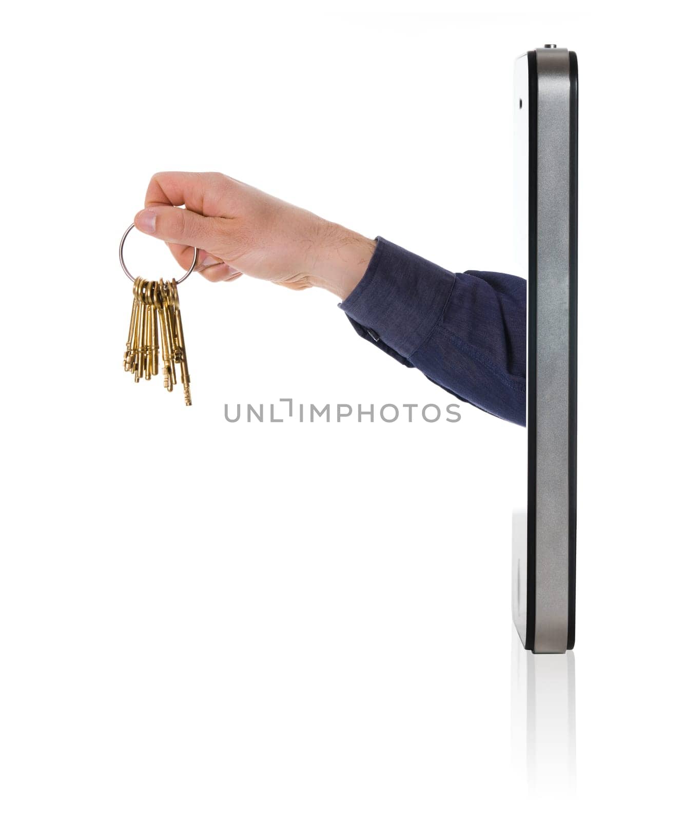 real estate agent with a golden key ring on mobile phone
