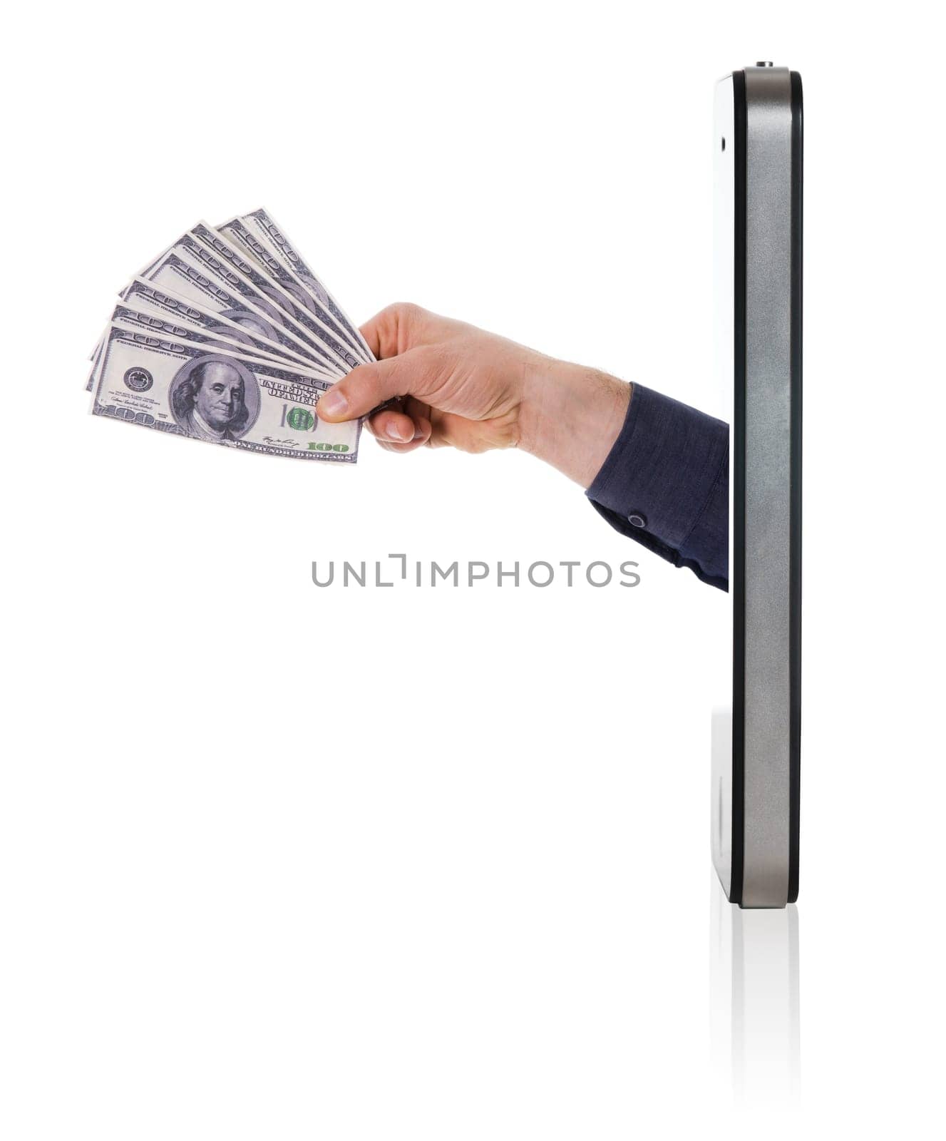 Human hand holding and giving cash money on mobile phone