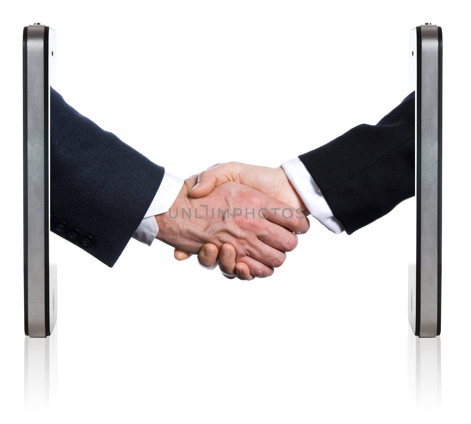 two hands shaking mobile phone concept businessman