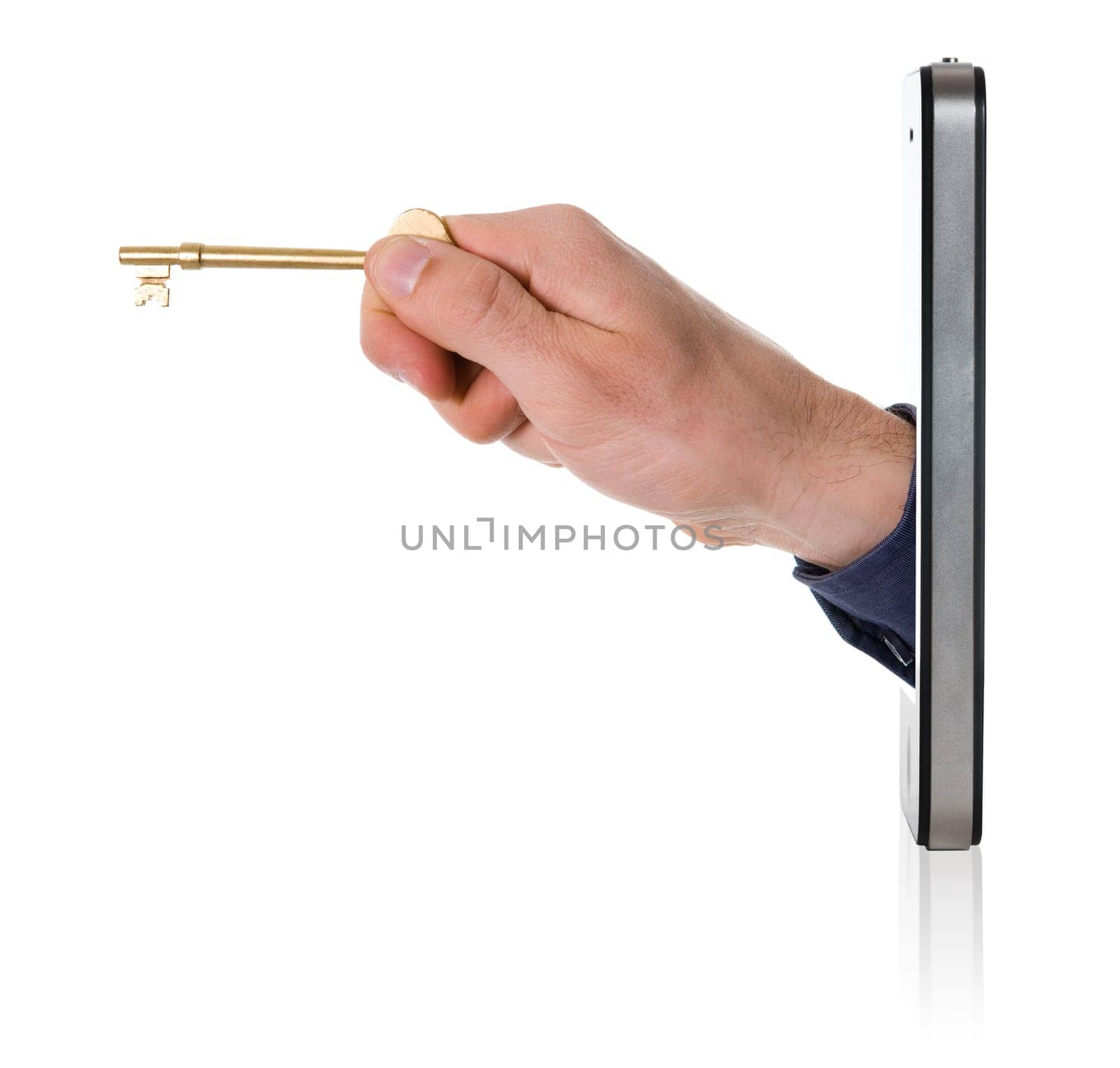 real estate agent with a golden key on mobile phone
