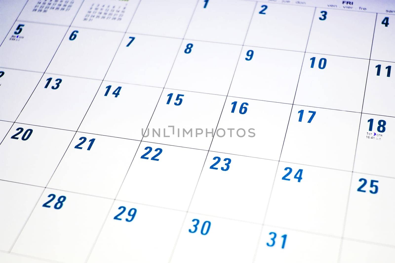 Calendar page with dates in blue and white