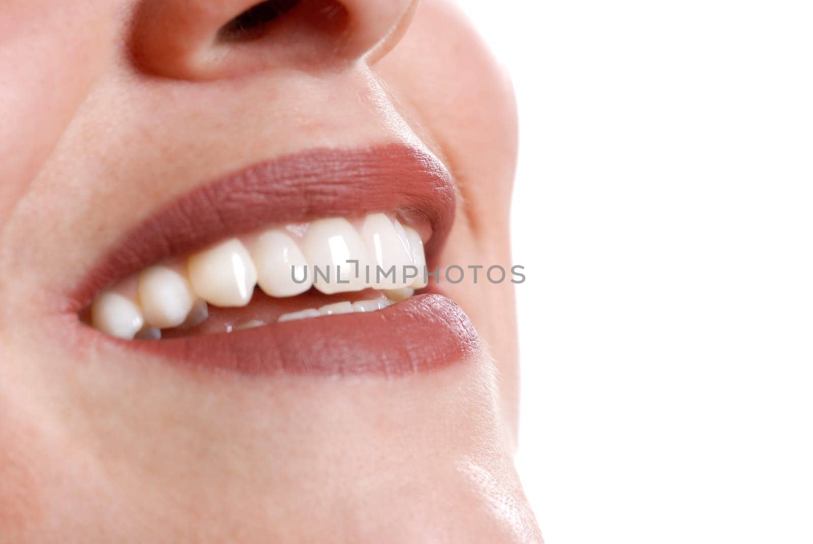 close-up macro of red lips that are happy