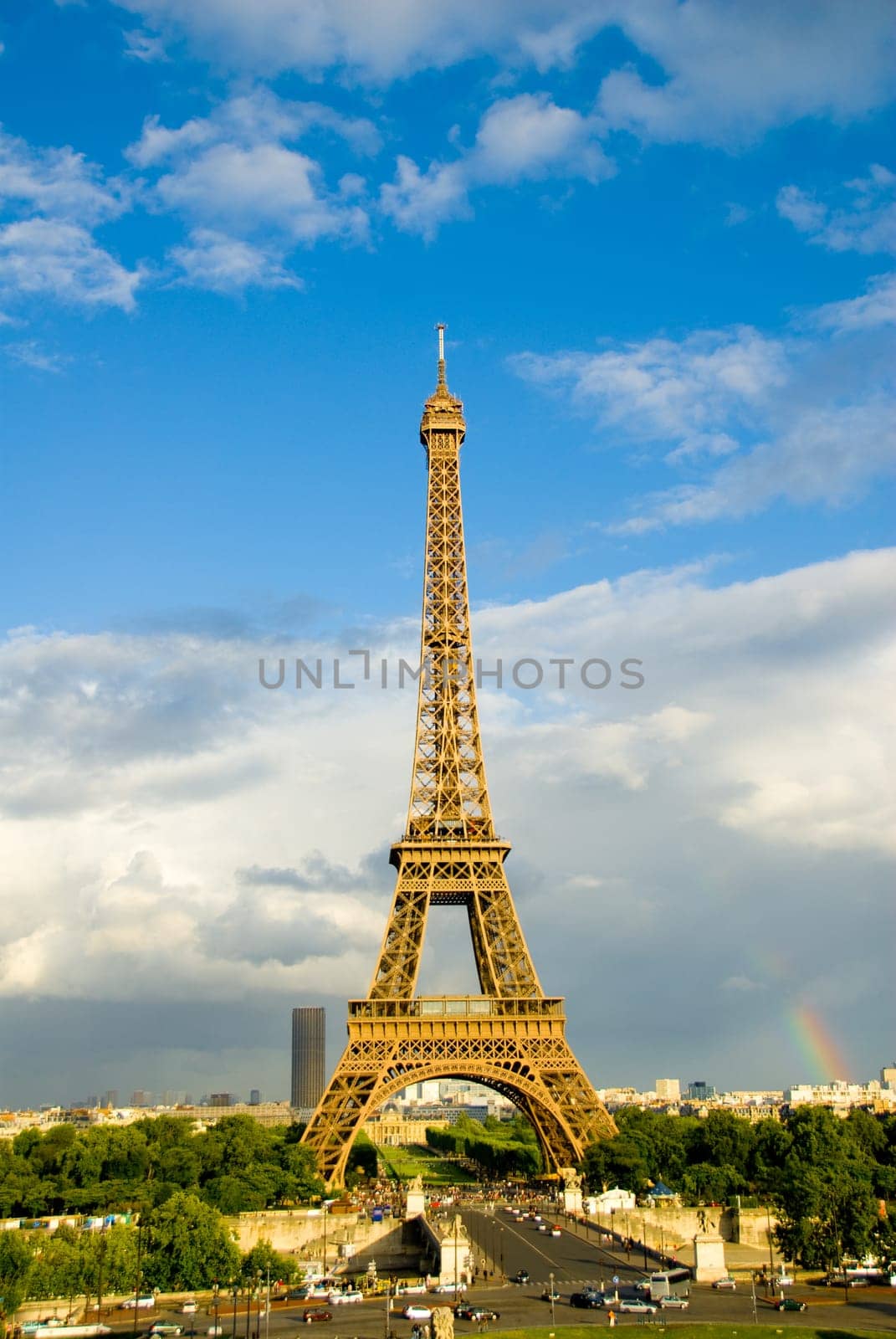 Eiffel Tower in Paris with a rainbow